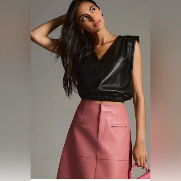 Anthropologie Bishop + Young Simone Vegan Faux-Leather Banded V-Neck Top - Picture 1 of 15